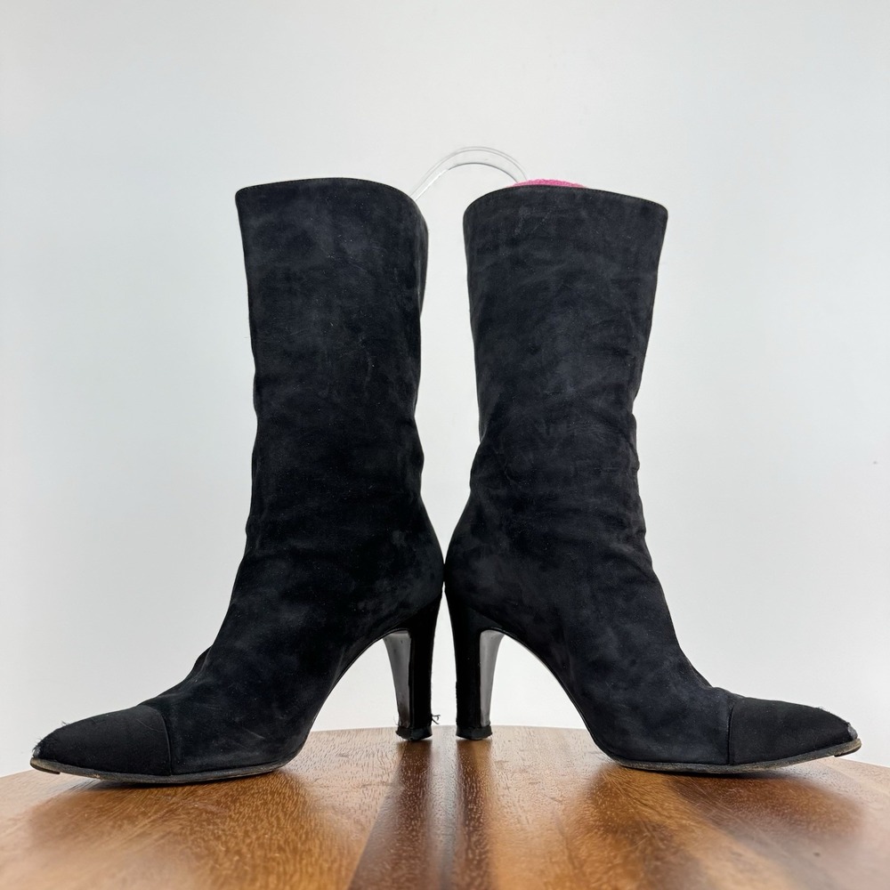 Womens Chanel Black Calfskin‎ Suede Satin Gabrielle Heeled Mid Boots Size EU 36 - Picture 6 of 11